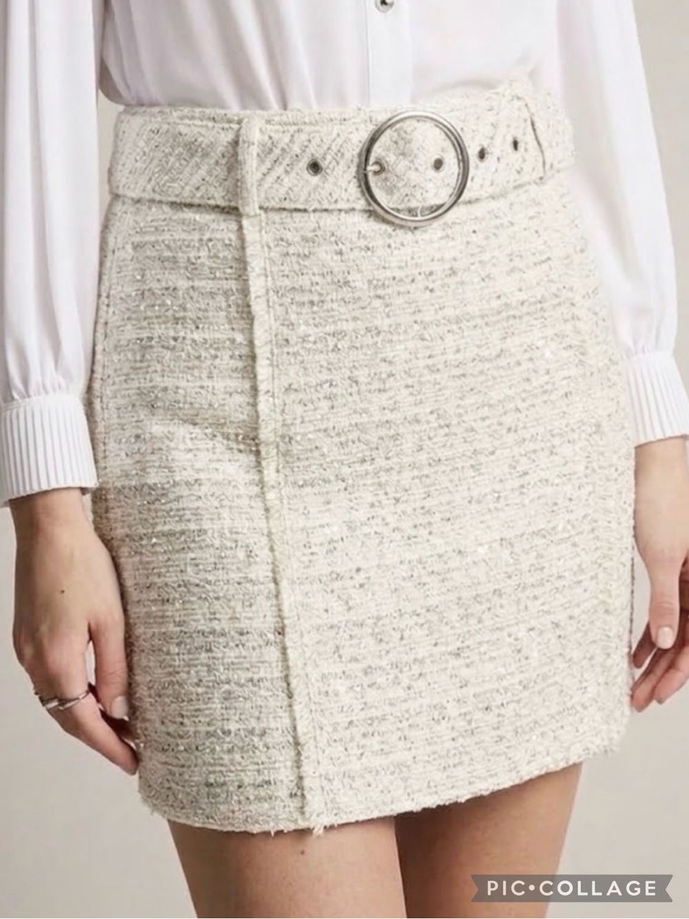 INC Skirt Metallic Tweed Mini Ivory Silver Belted Mini Pencil Cocktail 6